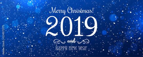 Christmas and New Year Typographical on snowy blue Xmas background with snowflakes, light, stars. Merry Christmas card. Vector Illustration