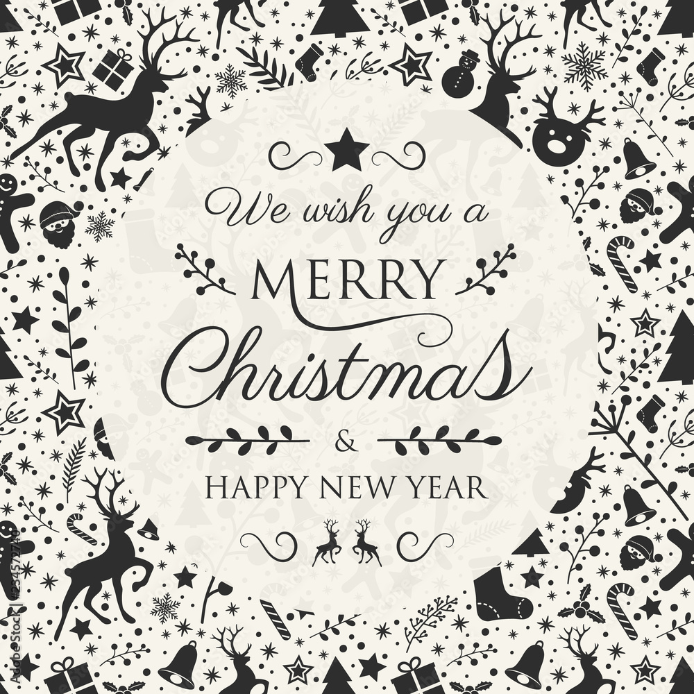 Merry Christmas - wishes with festive decorations and reindeers. Vector.