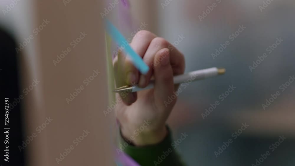 close up business woman hand writing on colorful sticky notes paper brainstorming creative ideas using multicolored post it planning ahead organized management strategy in office