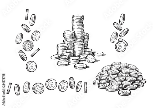 Set of coins in different positions in sketch style. Falling dollars, pile of cash, stack of money. Hand drawn Vector collection isolated on white background. photo