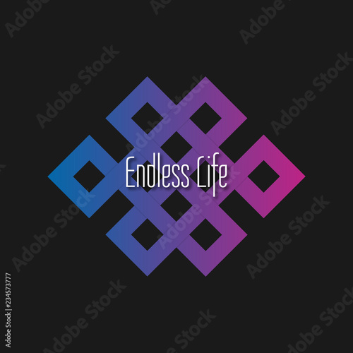 Colorful blue and purple gradient flat icon endless knot - Shrivatsa. Vector minimal logo and text - endless life- for Buddhist or medical Center, Yoga Studio, shop ,elegant boutique, beauty saloon