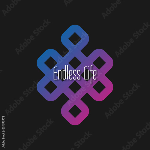 Colorful blue and purple gradient flat icon endless knot - Shrivatsa. Vector minimal logo and text - endless life- for Buddhist or medical Center, Yoga Studio, shop ,elegant boutique, beauty saloon