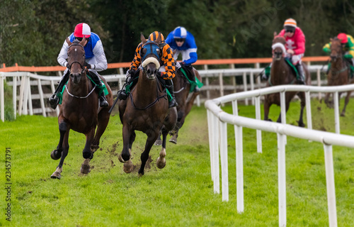 Speeding race horses and jockeys taking the turn on the track