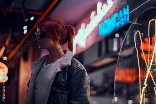Photography Stylish redhead girl standing in the night on the street