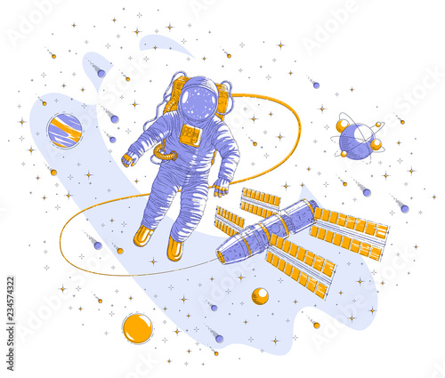 Astronaut flying in open space connected to space station, spaceman floating in weightlessness and iss spacecraft surrounded by undiscovered planets, stars and comets. Vector illustration isolated.