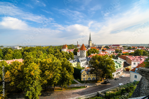 Afternoon view overlooking the medieval walled city of Tallinn Estonia on an early autumn day in the Baltics region of Northern Europe.