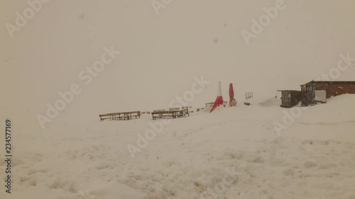 snowy day gudauri ski resort mountain top cafe panorama 4k georgia
 photo