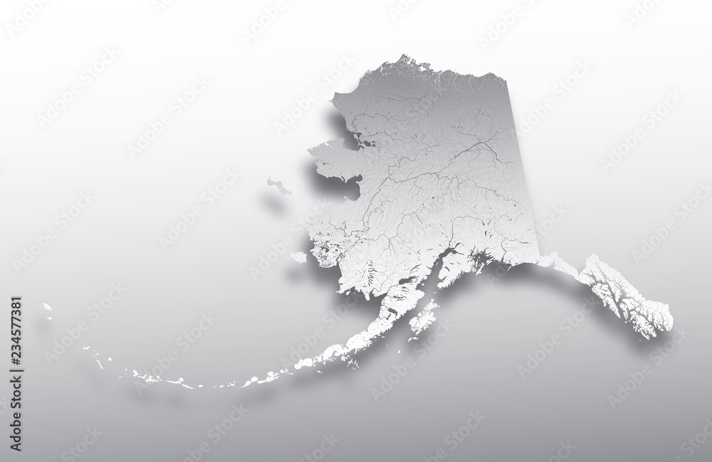 U.S. states - map of Alaska with paper cut effect. Rivers and lakes are ...