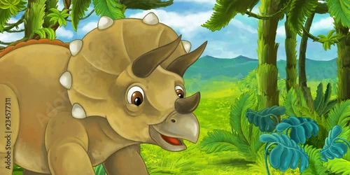 Obraz scena z triceratopsami ukrywającymi się za skałą przed tyrannosaurus rex - ilustracja dla dzieci