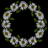 Embroidery chamomiles wreath. Line flowers with leaves on black background. Fashion clothes design