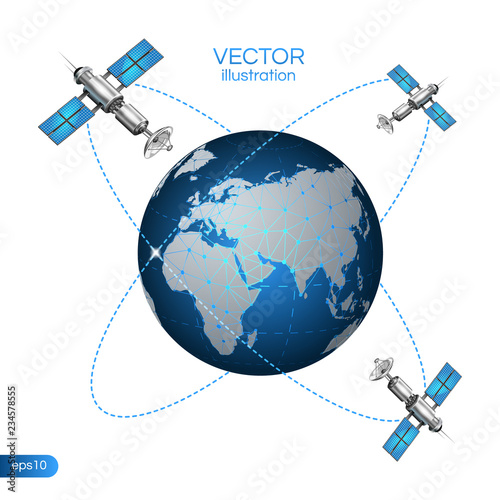 Global web connect concept. Satellite In Orbit Around Earth. Space Satelite surrounding the planet. Vector stock illustration.