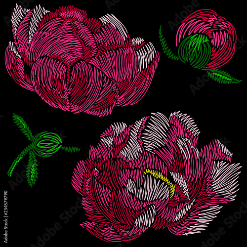 Embroidery stitches with peonies buds and flowers. Vector fashion ornament on black background. Folk floral decoration for clothes, fabric design.