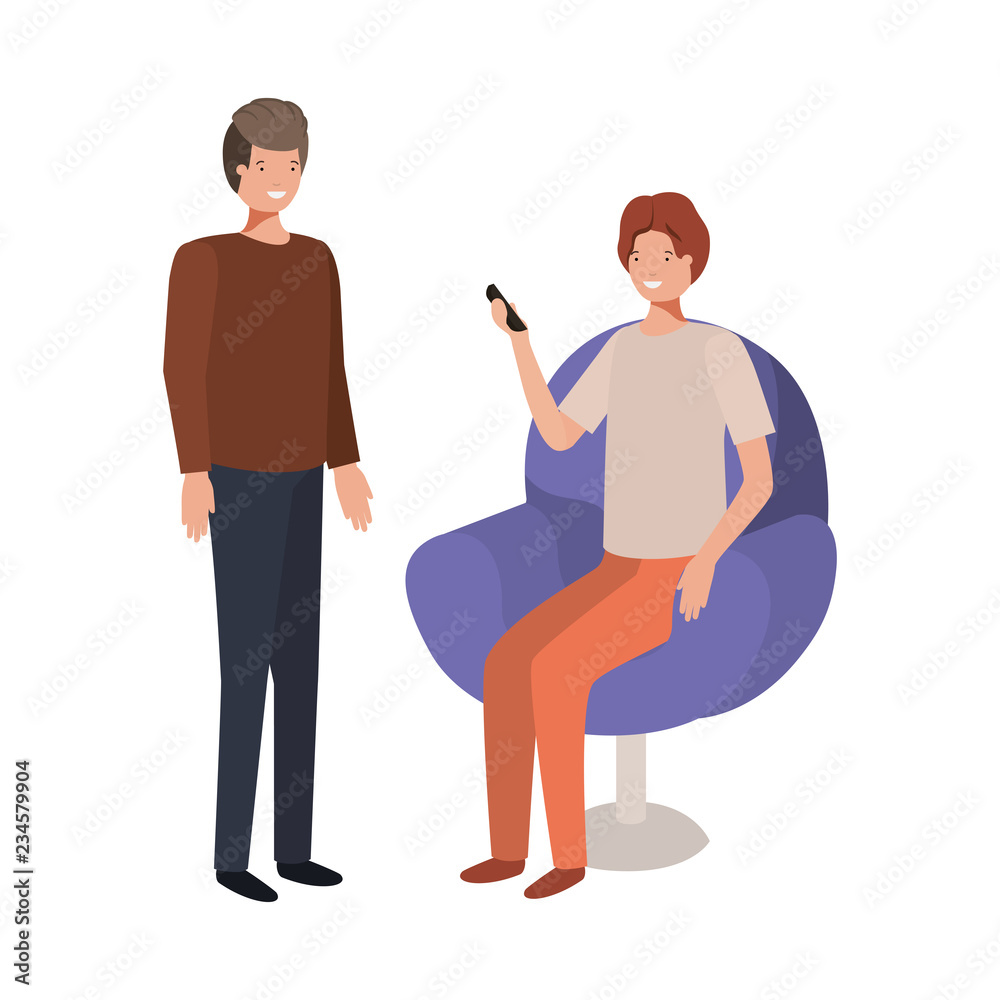 young men sitting in chair with smartphone