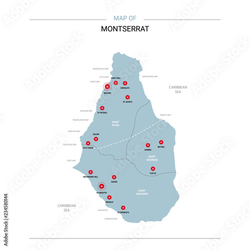Montserrat vector map. Editable template with regions, cities, red pins and blue surface on white background. 