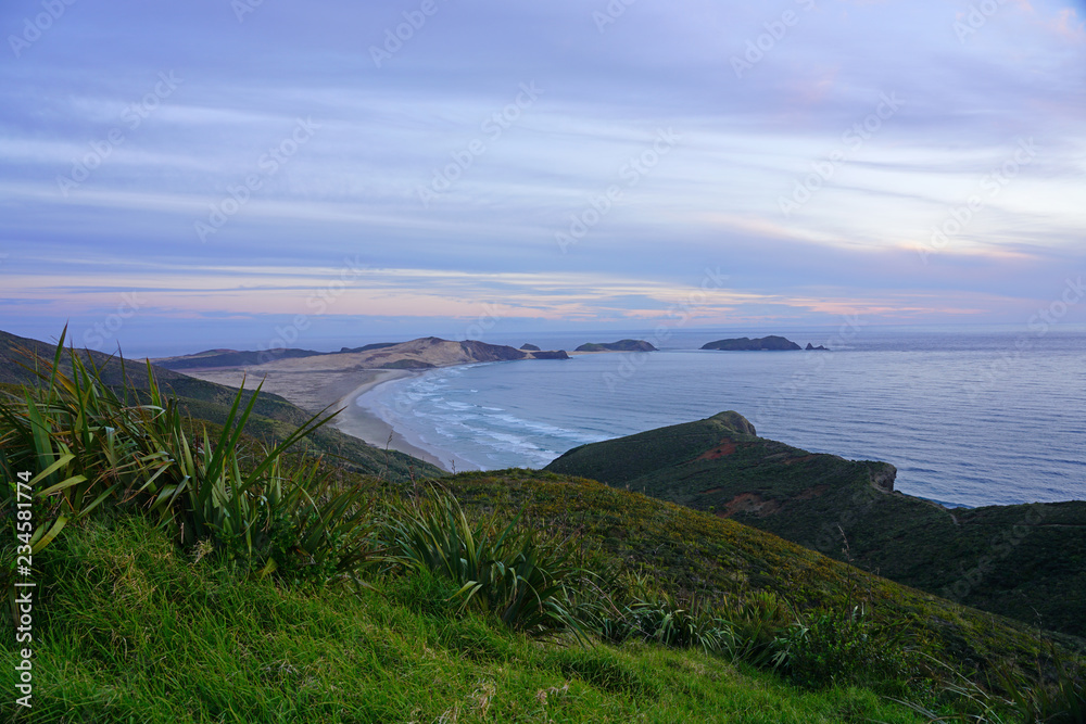 View of the TePaki Giant Sand Dunes at Cape Reinga (Te Rerenga Wairua), the northwesternmost tip of the Aupouri Peninsula, at the northern end of the North Island of New Zealand