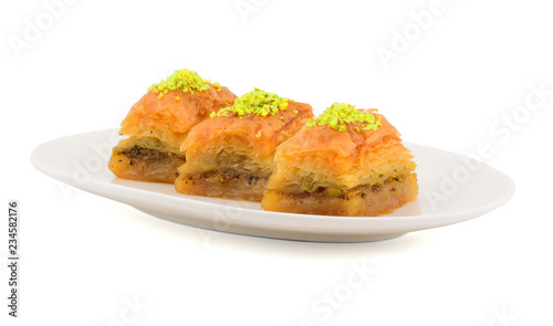Traditional Turkish Baklava with Pistachio. Isolated on White Background.