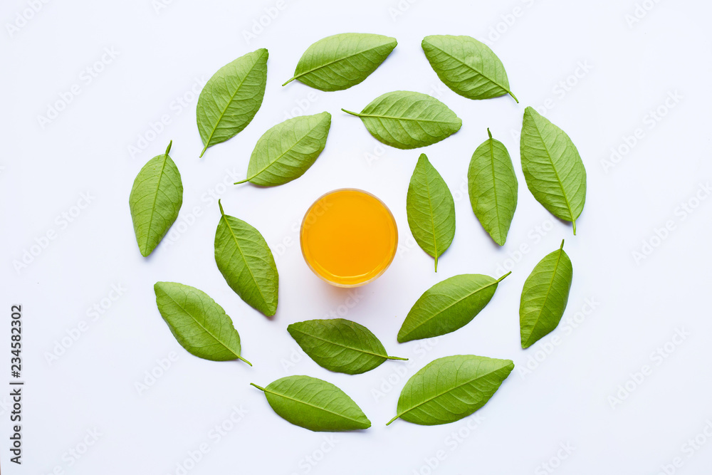 Glass of fresh orange juice with green leaves , isolated on white Glass of fresh orange juice with green leaves , isolated on white