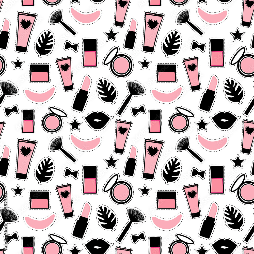 Seamless pattern fashion style. Set sign beauty makeup for cute ...
