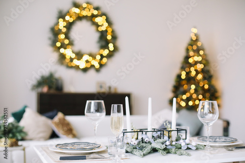 Serving a festive table. New year decorations. Christmas and New Year concept