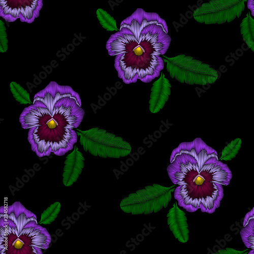 Embroidery stitches seamless pattern with pansy. Vector fashion line ornament on black background. Folk floral decoration for clothes, fabric design.