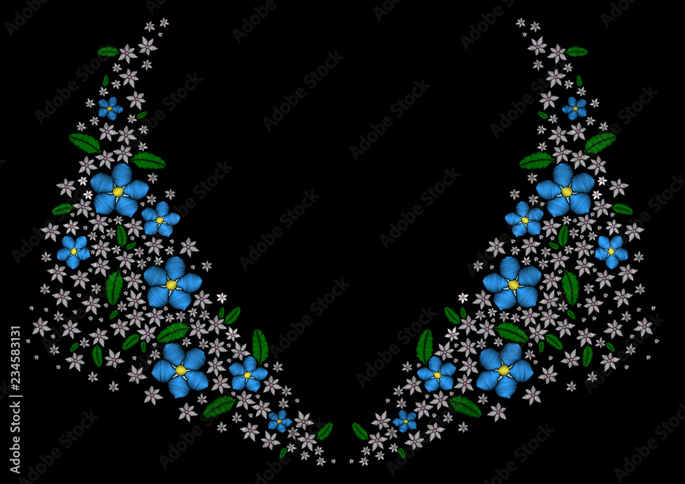 Embroidery stitches collar with Myosotis and Allium. Vector fashion neckline ornament pattern on black background. Folk floral decoration for clothes, fabric design.