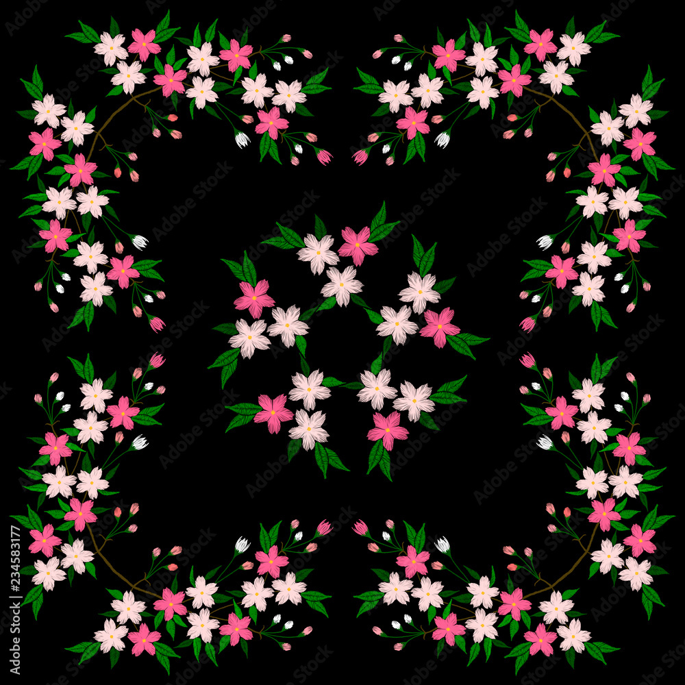 Embroidery stitches with sakura blossom branches. Vector fashion ornament pattern on black background. Folk floral decoration for clothes, fabric design.