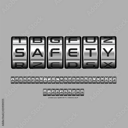 shinny metal spin combination lock dial with the word safety, 