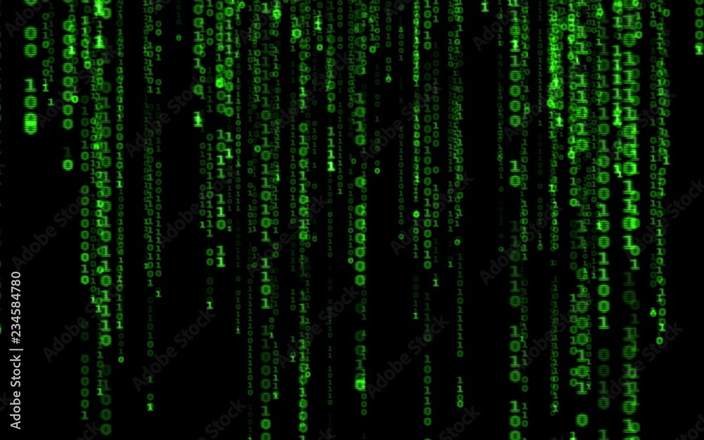 Background in a matrix style.Binary computer code on black background.Green digital code numbers in matrix style.Cyberpunk hacker abstraction backdrop.Random numbers falling on the black background.