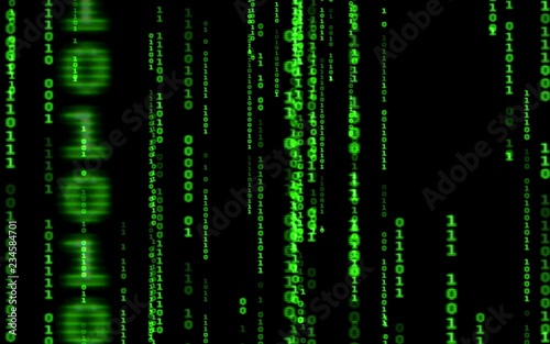 Background in a matrix style.Binary computer code on black background.Green digital code numbers in matrix style.Cyberpunk hacker abstraction backdrop.Random numbers falling on the black background. © Nenad