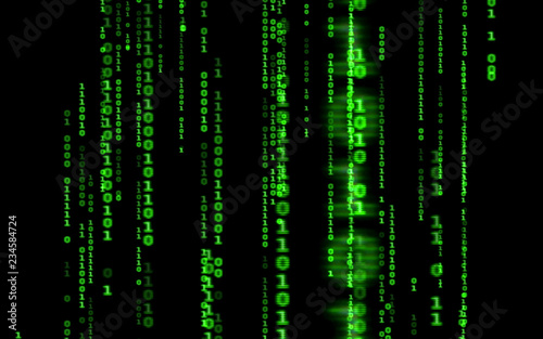 Background in a matrix style.Binary computer code on black background.Green digital code numbers in matrix style.Cyberpunk hacker abstraction backdrop.Random numbers falling on the black background. © Nenad