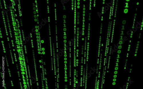 Background in a matrix style.Binary computer code on black background.Green digital code numbers in matrix style.Cyberpunk hacker abstraction backdrop.Random numbers falling on the black background. © Nenad