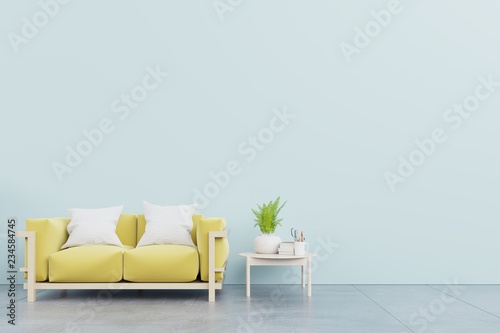 Living room with yellow sofa, table,plants,book and wood shelf on white wall background, 3d illustration