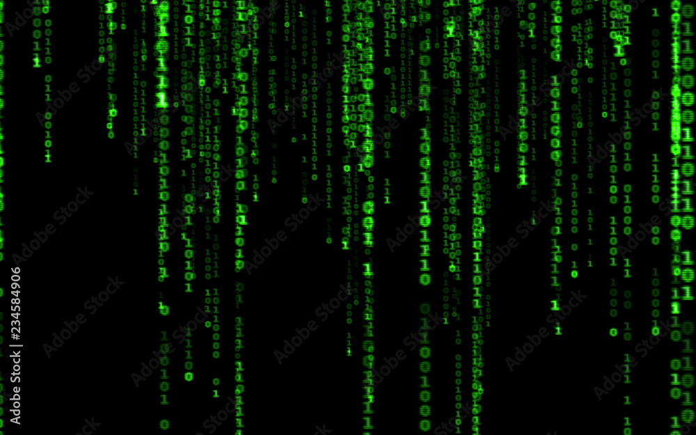 Background in a matrix style.Binary computer code on black background.Green digital code numbers in matrix style.Cyberpunk hacker abstraction backdrop.Random numbers falling on the black background.