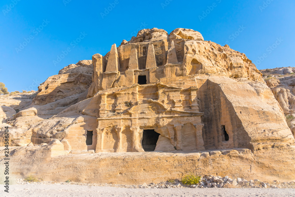 Yellow Obelisk Tomb Bab el-siq Triclinium Outer Siq Canyon Hiking To Entrance Into Petra Jordan Petra Jordan. In front of entrance to Petra Yellow Obelisk Tomb Bab el-siq Triclinium Outer Siq Canyon Hiking To Entrance Into Petra Jordan Petra Jordan. In front of entrance to Petra