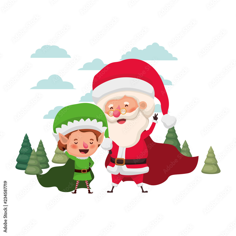 santa claus with elf moving with christmas trees santa claus with elf moving with christmas trees