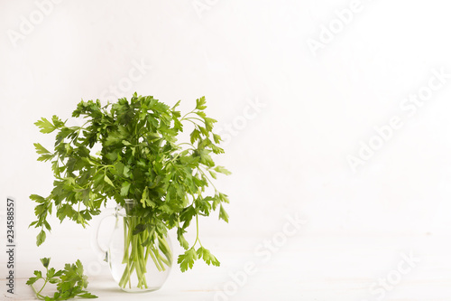 Fresh parsley leaves from the garden in the glass. White background