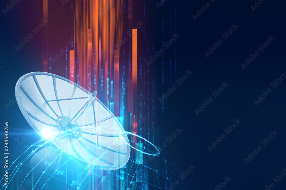 3d illustration of Satellite dish  on abstract technology background - obrazy, fototapety, plakaty 