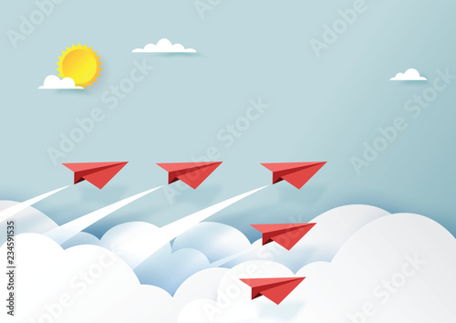 Red paper airplanes teamwork flying on blue sky and cloud.Paper art style of business teamwork and leadership creative concept idea.Vector illustration
