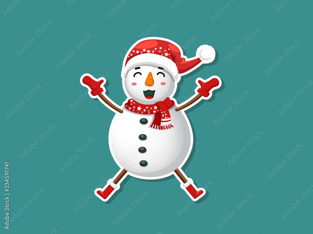 Vector cartoon Snowman Sticker. Merry Christmas and happy new year. decorative element on holiday. Greeting card design, posters, gift tags and labels.