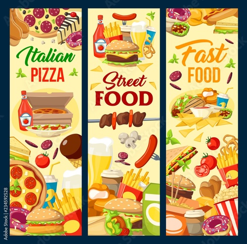 Fast food burgers, pizza and desserts menu