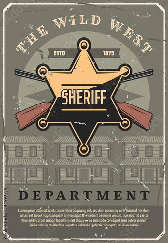 Wild West sheriff star badge and gun, vector