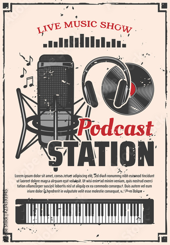 Radio music show podcast station, retro vector
