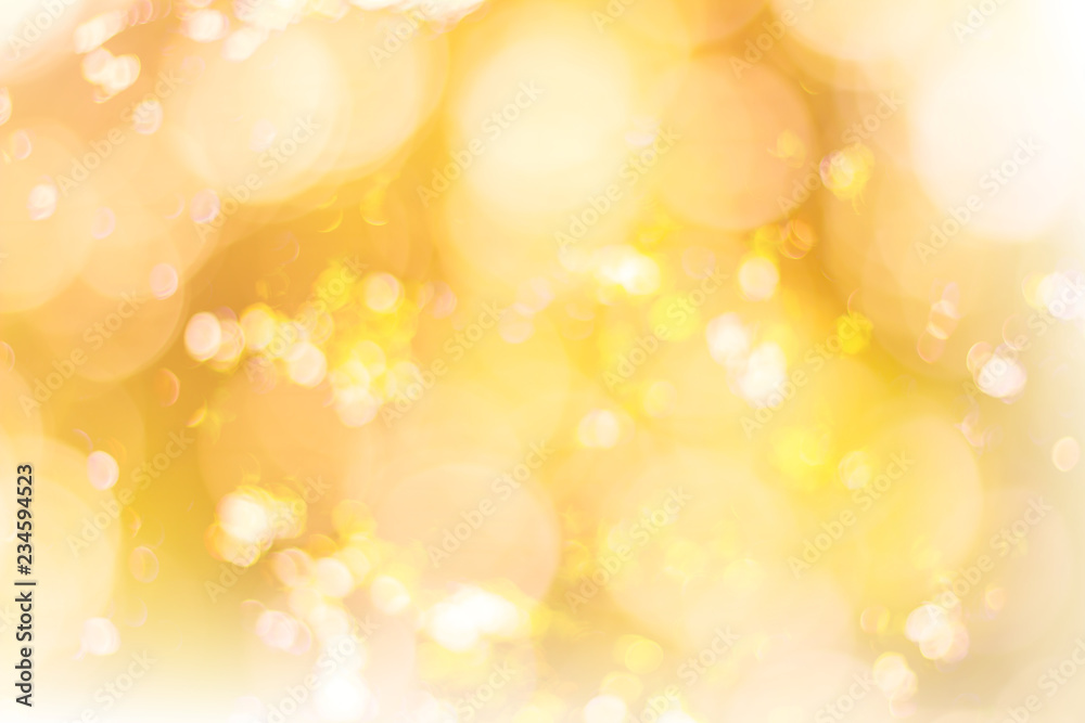 Abstract glamorous white silver and gold bokeh lights glitter sparkle. Defocused background have luxury golden color party invite for birthday, anniversary, holliday, new year’s eve or Christmas.
