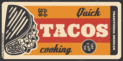 Tacos Mexican fastfood menu, retro vector poster