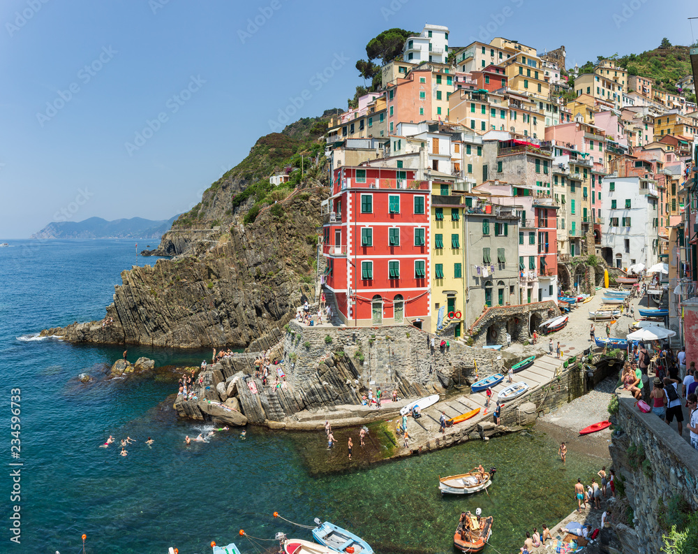 Panoramic view of the harbour at Riomaggiore, one of the famous Cinque Terre villages