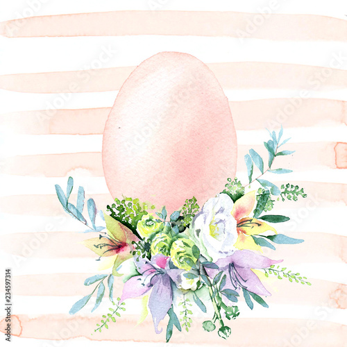 Watercolor egg in a spring bouquet on a soft pink striped background. Easter illustration.