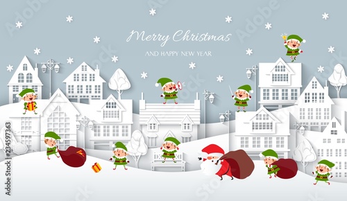 Christmas town, white paper houses, Santa Claus, elves, vector illustration photo