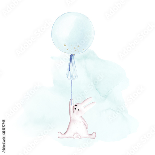 Watercolor rabbit with a blue balloon in the sky. Isolated on white background. Perfect for baby prints, posters, invitations etc