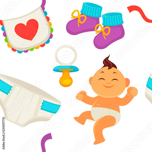 Baby newborn kid and pram perambulator seamless pattern vector.