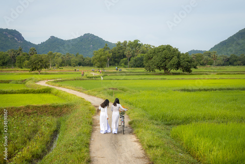 Rural landscape in Vietnam countryside with Vietnamese women wearing traditional dress Ao Dai walking on rural road